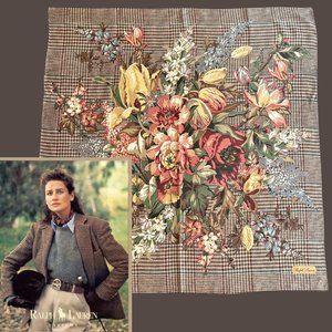 Authentic Ralph Lauren 100% Silk Scarf Floral Motif on Houndstooth Like New